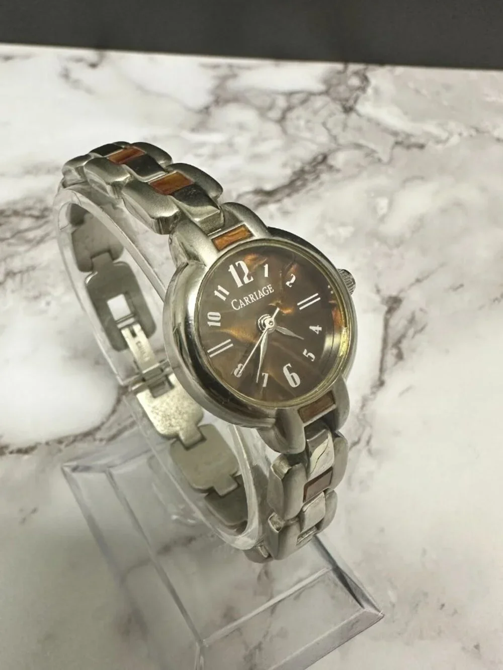 Carriage Watch Women Silver Tone Brown Dial Round 21MM New Battery 7 Inch